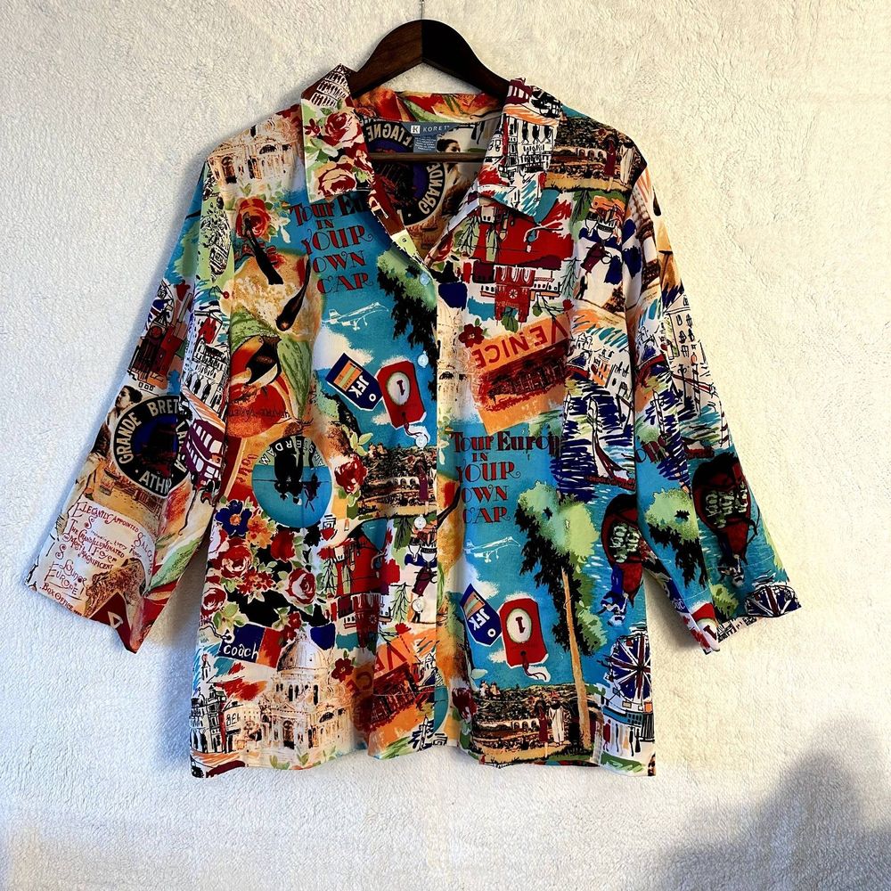 Koret Travel Countries Tourist graphics button down 3/4 sleeve shirt womens XL